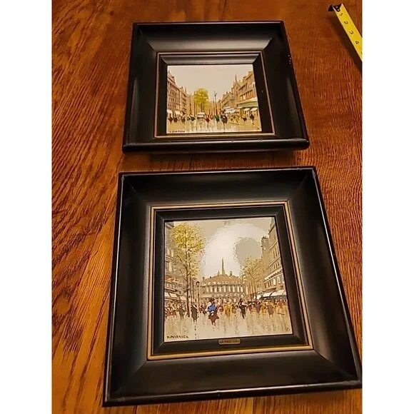 Lot of 2 "A Street in Paris" Paintings Oil Painted Tiles M. Maresca 1949. Set